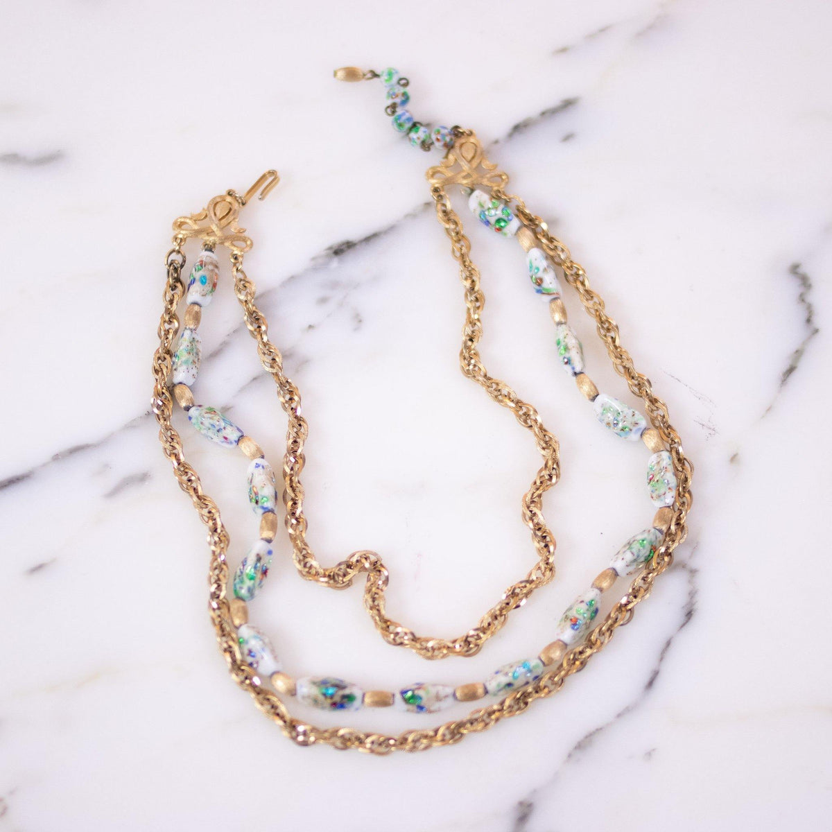 Vintage Crown Trifari Multi Strand Necklace with Blue, Green, Gold White Venetian Glass Beads