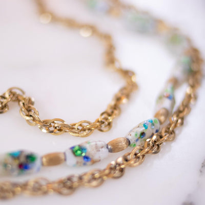 Vintage Crown Trifari Multi Strand Necklace with Blue, Green, Gold White Venetian Glass Beads by Crown Trifari - Vintage Meet Modern Vintage Jewelry - Chicago, Illinois - #oldhollywoodglamour #vintagemeetmodern #designervintage #jewelrybox #antiquejewelry #vintagejewelry