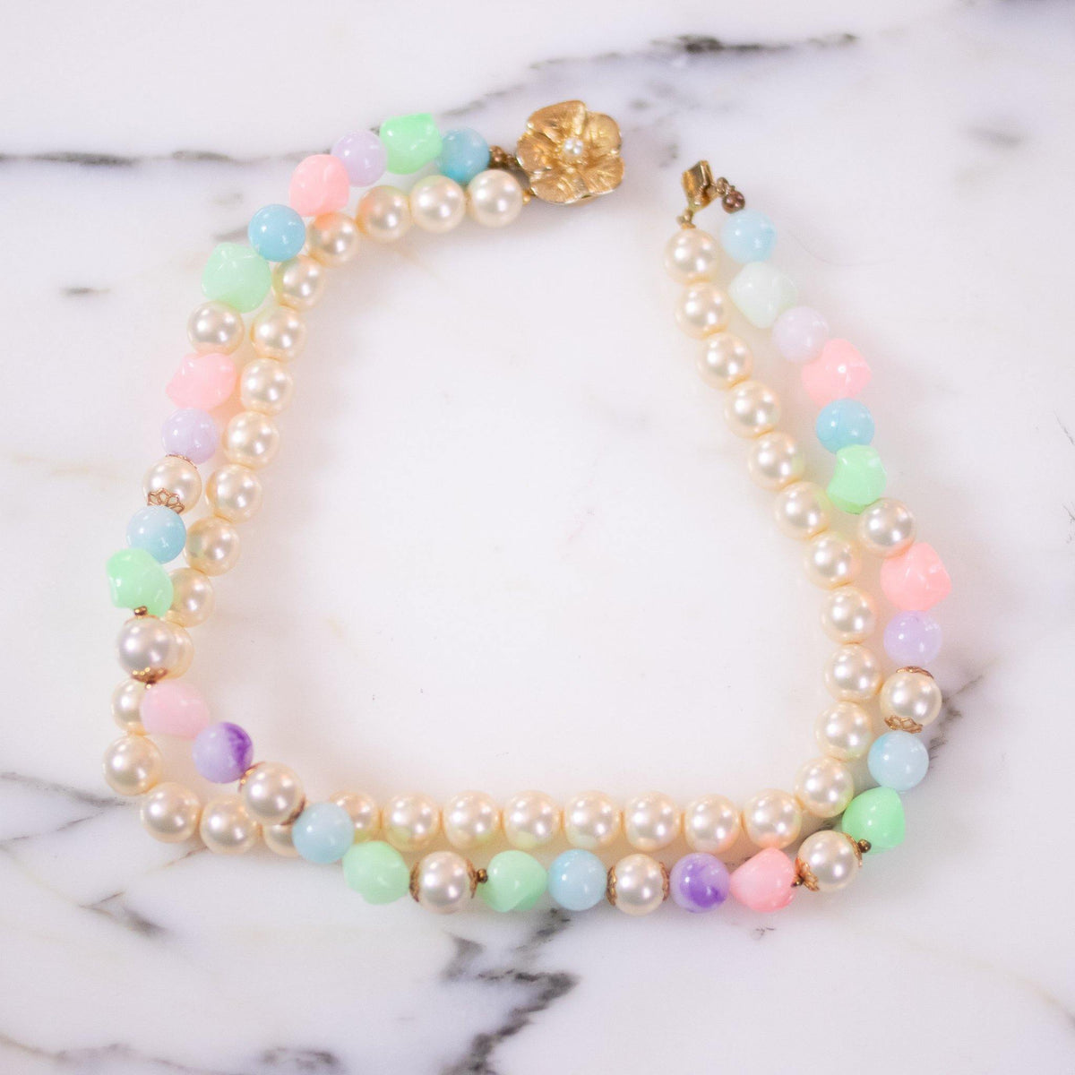 Vintage Faux Pearl and Green, Pink, Purple, Blue Bead Double Strand Necklace