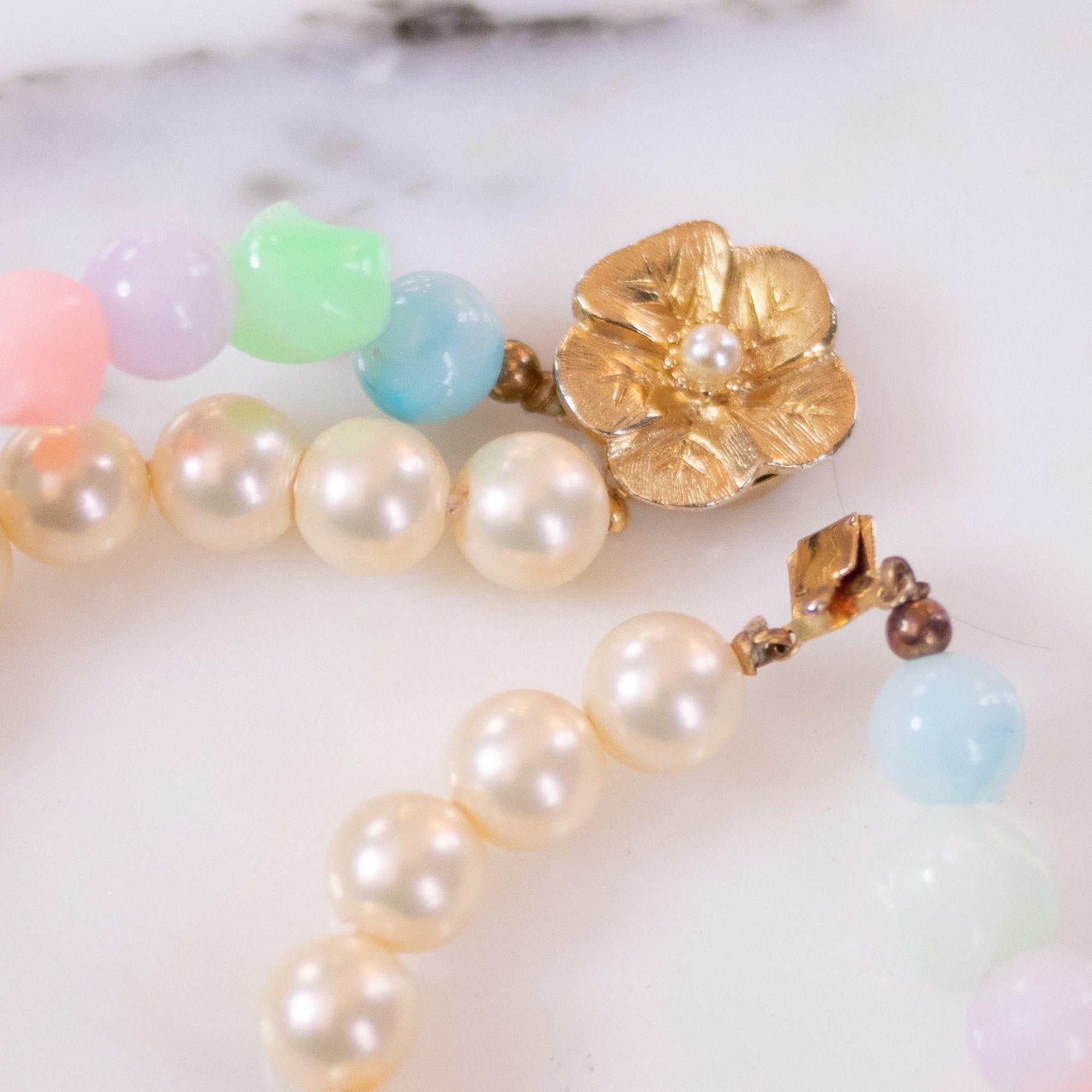 Vintage Faux Pearl and Green, Pink, Purple, Blue Bead Double Strand Necklace by Unsigned Beauty - Vintage Meet Modern Vintage Jewelry - Chicago, Illinois - #oldhollywoodglamour #vintagemeetmodern #designervintage #jewelrybox #antiquejewelry #vintagejewelry