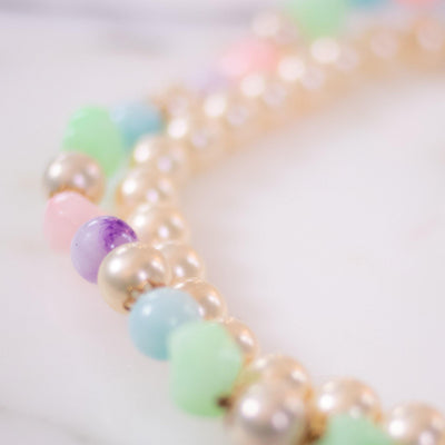 Vintage Faux Pearl and Green, Pink, Purple, Blue Bead Double Strand Necklace by Unsigned Beauty - Vintage Meet Modern Vintage Jewelry - Chicago, Illinois - #oldhollywoodglamour #vintagemeetmodern #designervintage #jewelrybox #antiquejewelry #vintagejewelry