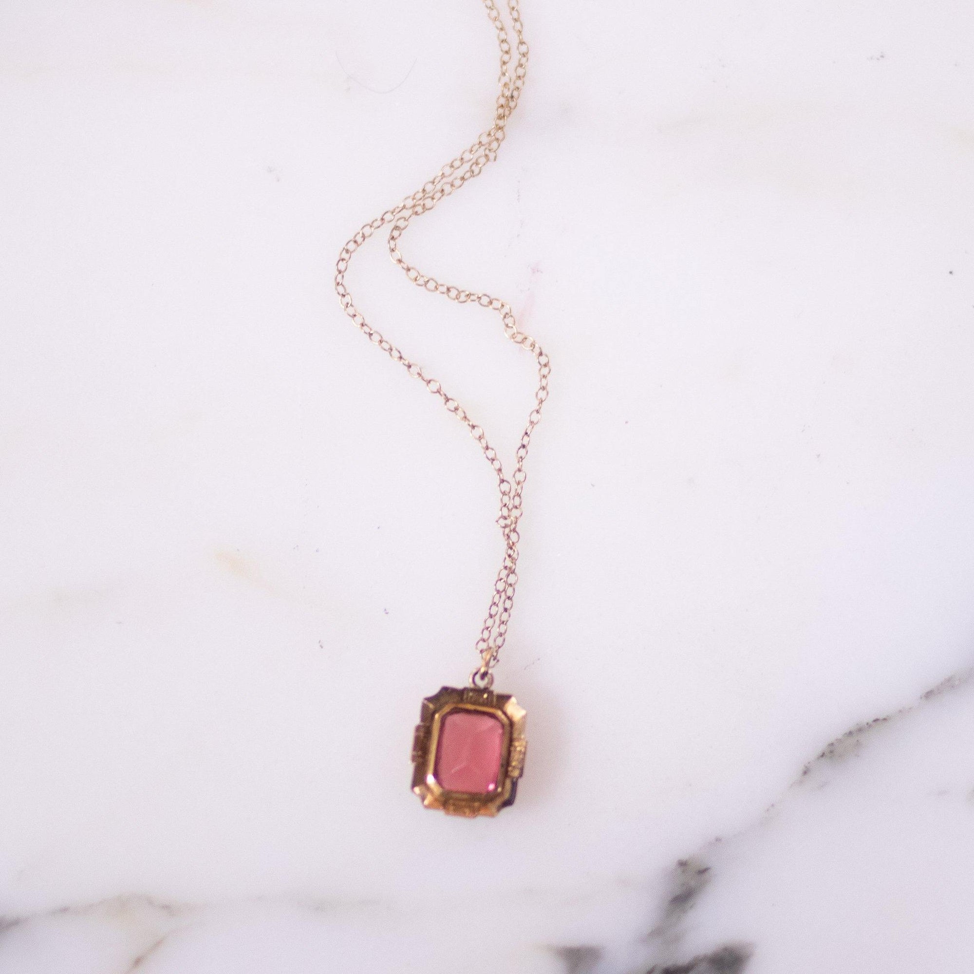 Vintage Art Deco Pink Crystal Gold Filled Necklace by 1/20 12kt Gold Filled - Vintage Meet Modern Vintage Jewelry - Chicago, Illinois - #oldhollywoodglamour #vintagemeetmodern #designervintage #jewelrybox #antiquejewelry #vintagejewelry