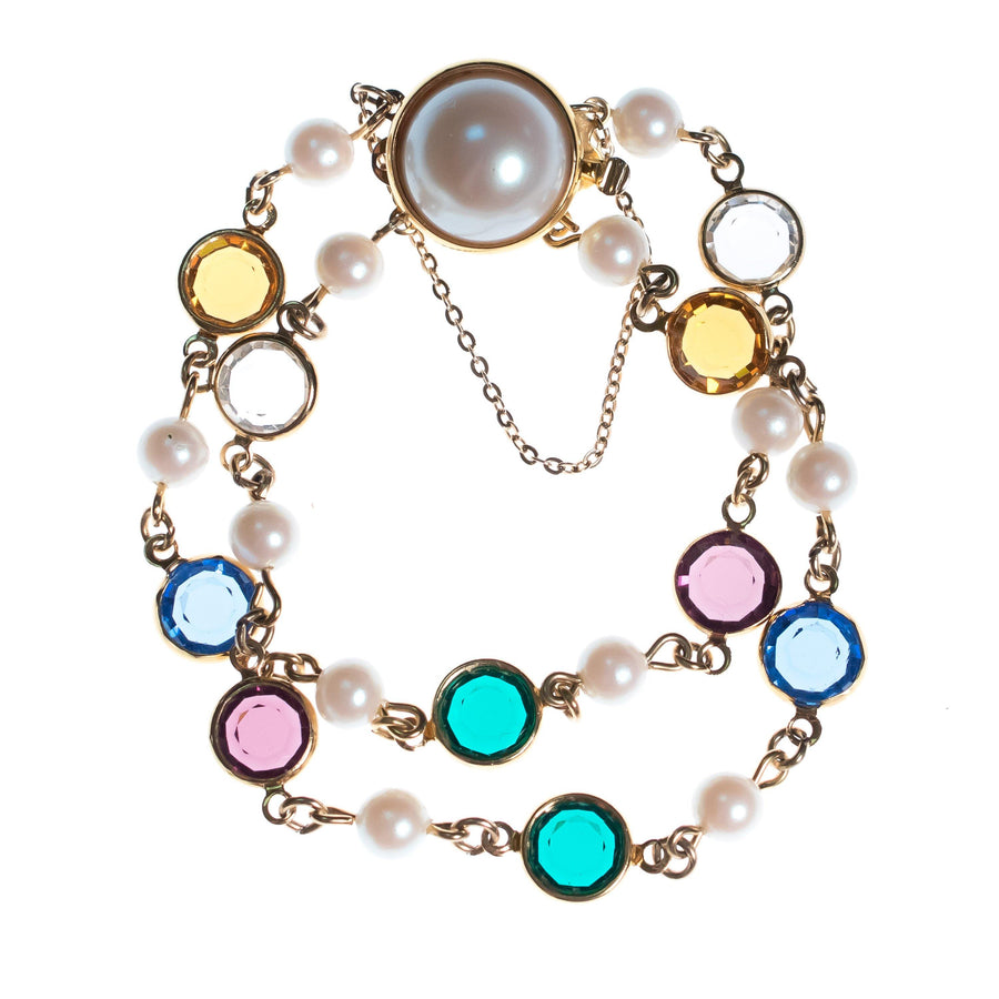 Vintage Colorful Crystal Bezel and Faux Pearl Double Strand Bracelet by Vintage Meet Modern - Vintage Meet Modern Vintage Jewelry - Chicago, Illinois - #oldhollywoodglamour #vintagemeetmodern #designervintage #jewelrybox #antiquejewelry #vintagejewelry