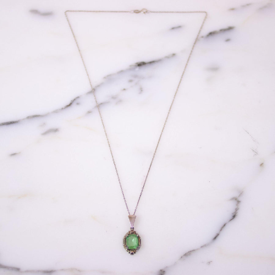 Vintage Art Deco Crystal Peridot Glass Gold Filled Pendant Necklace by Gold Filled - Vintage Meet Modern Vintage Jewelry - Chicago, Illinois - #oldhollywoodglamour #vintagemeetmodern #designervintage #jewelrybox #antiquejewelry #vintagejewelry