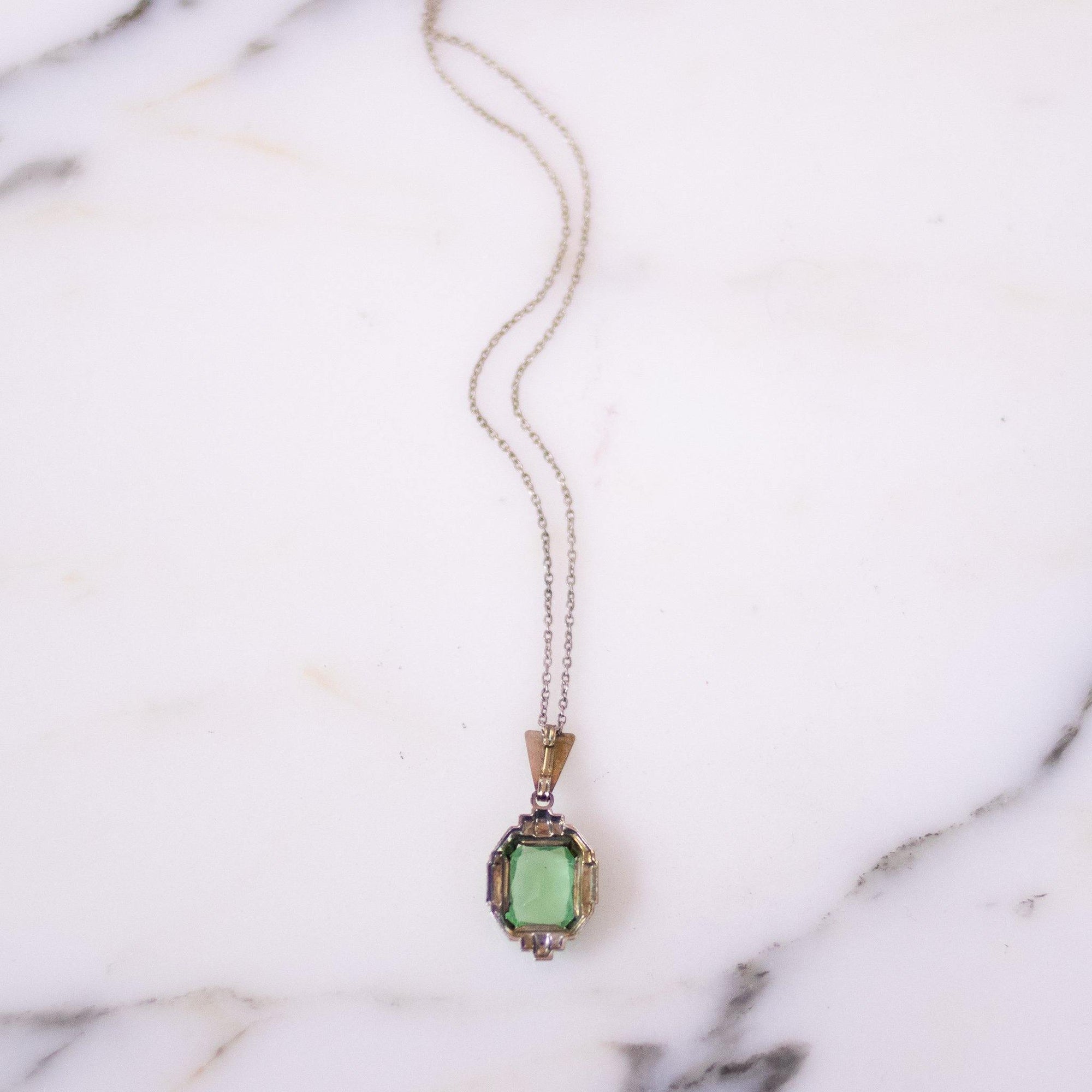 Vintage Art Deco Crystal Peridot Glass Gold Filled Pendant Necklace by Gold Filled - Vintage Meet Modern Vintage Jewelry - Chicago, Illinois - #oldhollywoodglamour #vintagemeetmodern #designervintage #jewelrybox #antiquejewelry #vintagejewelry