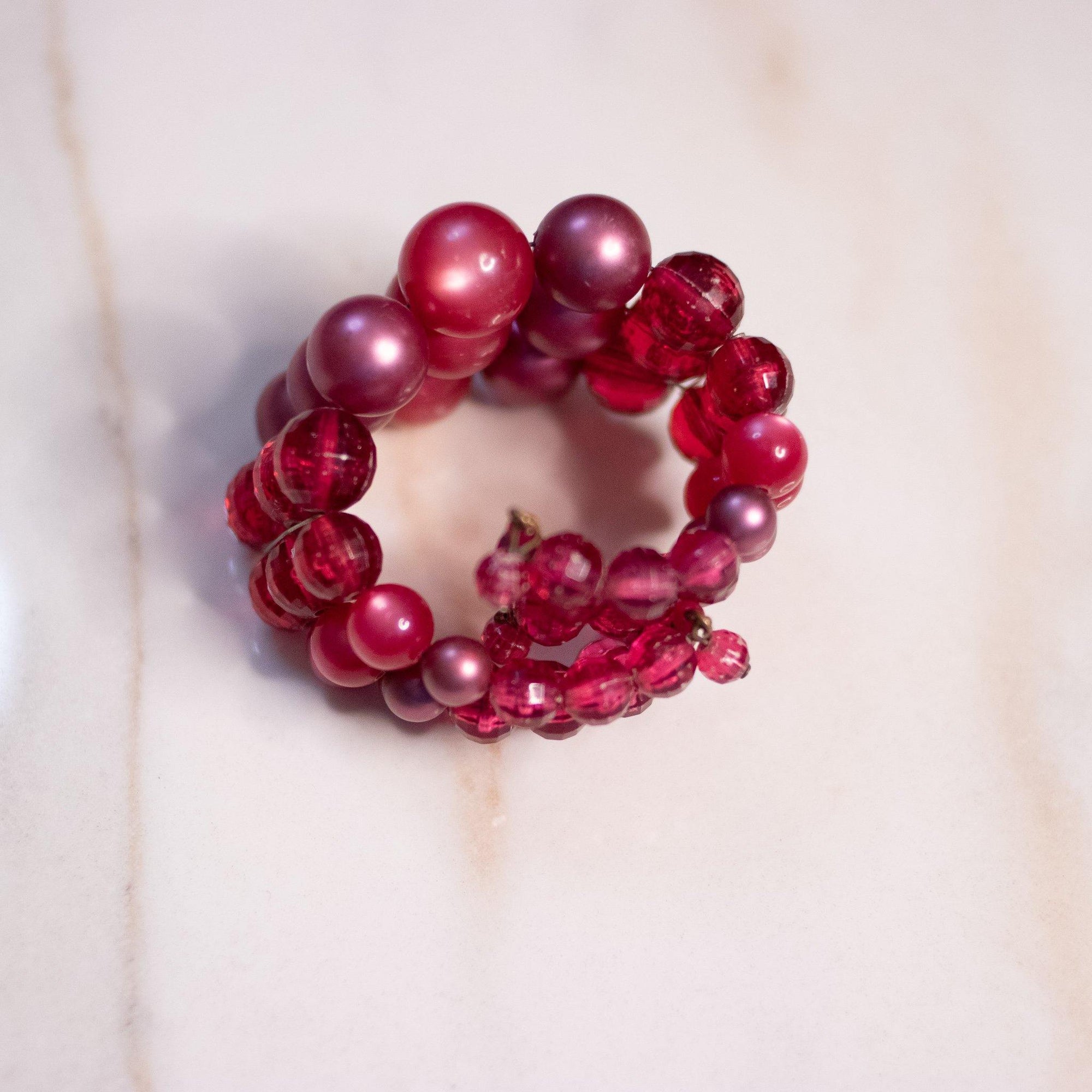 Vintage Retro Red Triple Bead Coil Bracelet by Unsigned Beauty - Vintage Meet Modern Vintage Jewelry - Chicago, Illinois - #oldhollywoodglamour #vintagemeetmodern #designervintage #jewelrybox #antiquejewelry #vintagejewelry