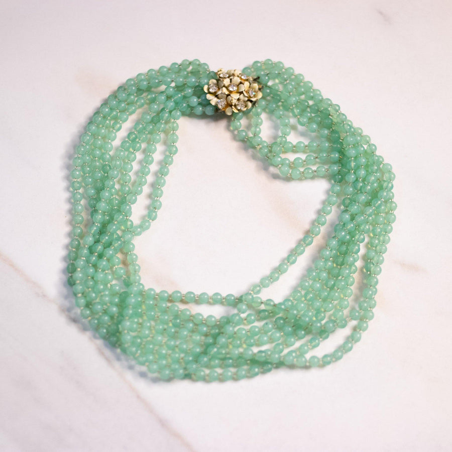 Vintage Sandor Light Green Bead Torsade Necklace with Floral Clasp by Sandor - Vintage Meet Modern Vintage Jewelry - Chicago, Illinois - #oldhollywoodglamour #vintagemeetmodern #designervintage #jewelrybox #antiquejewelry #vintagejewelry