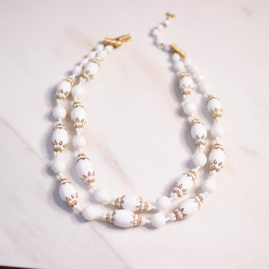 Vintage Vendome Milk Glass and White Bead Double Strand Necklace by Vendome - Vintage Meet Modern Vintage Jewelry - Chicago, Illinois - #oldhollywoodglamour #vintagemeetmodern #designervintage #jewelrybox #antiquejewelry #vintagejewelry