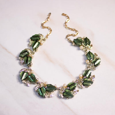 Vintage Green Thermoset Leaf Necklace with Faux Pearls by Lisner - Vintage Meet Modern Vintage Jewelry - Chicago, Illinois - #oldhollywoodglamour #vintagemeetmodern #designervintage #jewelrybox #antiquejewelry #vintagejewelry