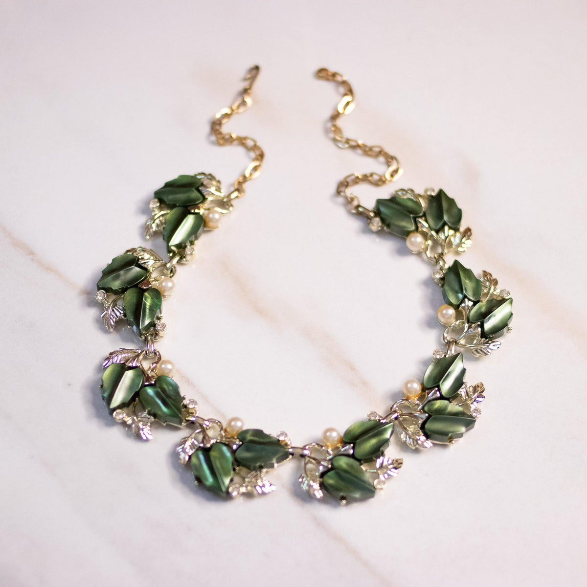 Vintage Green Thermoset Leaf Necklace with Faux Pearls