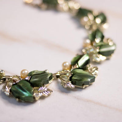 Vintage Green Thermoset Leaf Necklace with Faux Pearls by Lisner - Vintage Meet Modern Vintage Jewelry - Chicago, Illinois - #oldhollywoodglamour #vintagemeetmodern #designervintage #jewelrybox #antiquejewelry #vintagejewelry