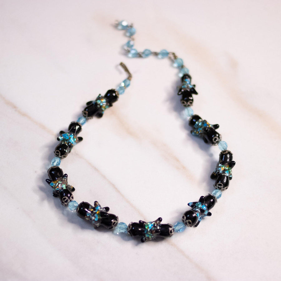 Vintage Black and Blue Venetian Glass Bead Necklace by Italian Lampwork - Vintage Meet Modern Vintage Jewelry - Chicago, Illinois - #oldhollywoodglamour #vintagemeetmodern #designervintage #jewelrybox #antiquejewelry #vintagejewelry