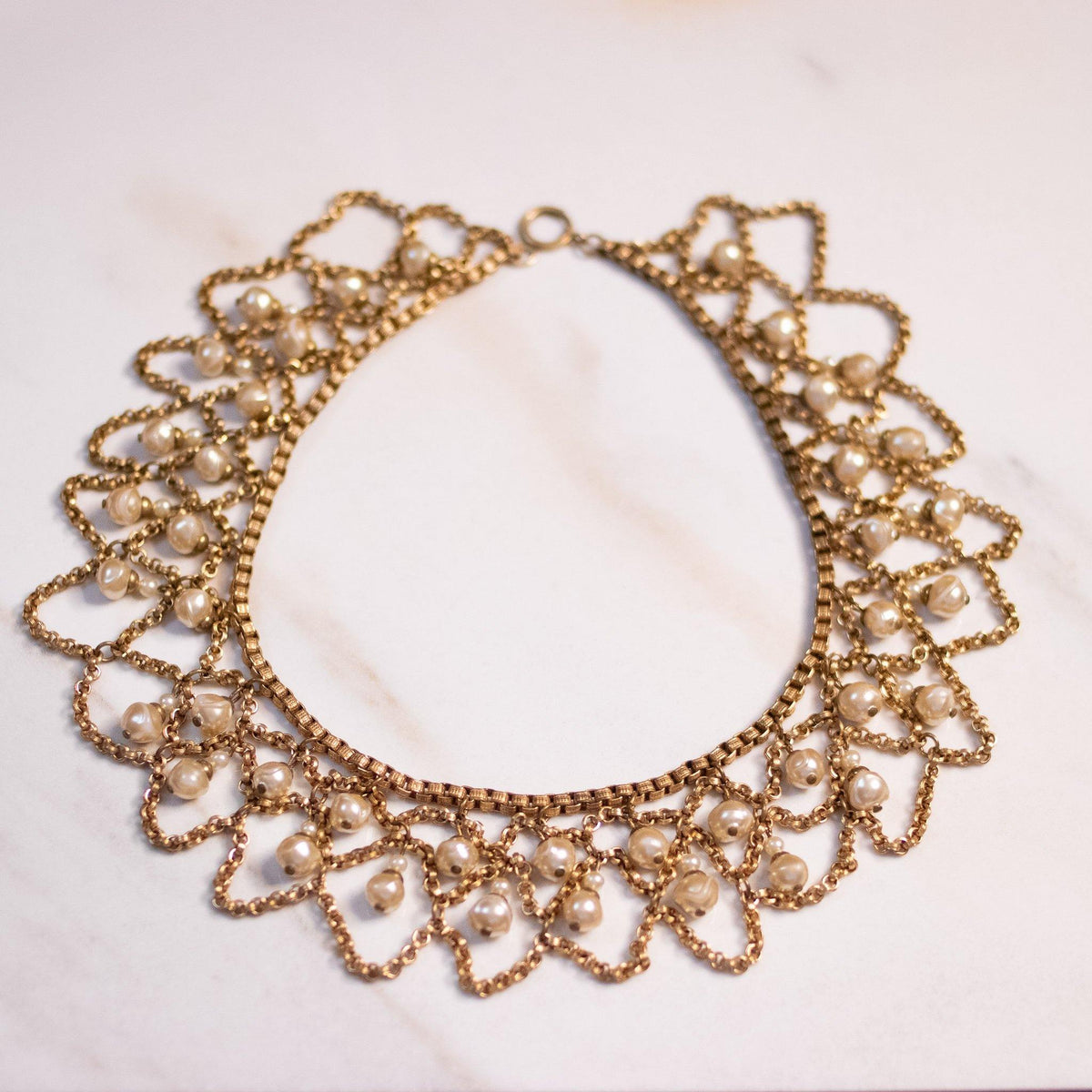 Vintage Gold Bib Necklace with Dangling Glass Pearls