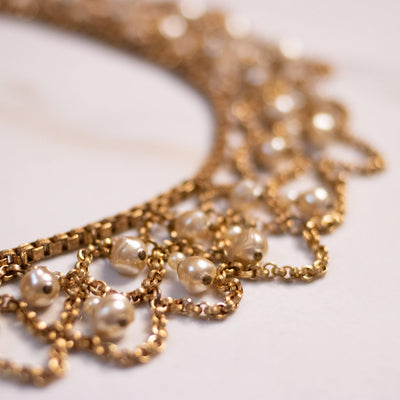 Vintage Gold Bib Necklace with Dangling Glass Pearls by Germany - Vintage Meet Modern Vintage Jewelry - Chicago, Illinois - #oldhollywoodglamour #vintagemeetmodern #designervintage #jewelrybox #antiquejewelry #vintagejewelry