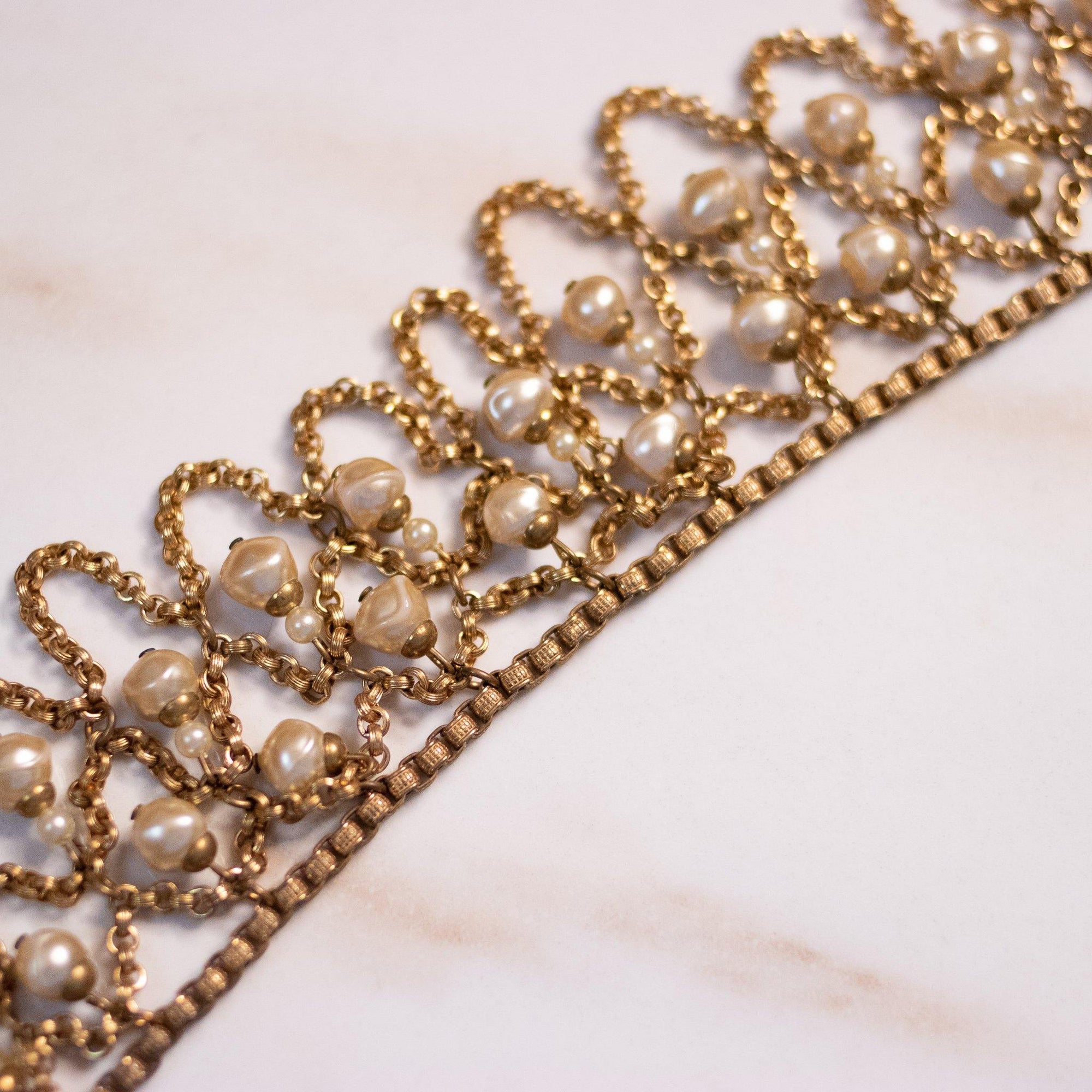 Vintage Gold Bib Necklace with Dangling Glass Pearls by Germany - Vintage Meet Modern Vintage Jewelry - Chicago, Illinois - #oldhollywoodglamour #vintagemeetmodern #designervintage #jewelrybox #antiquejewelry #vintagejewelry
