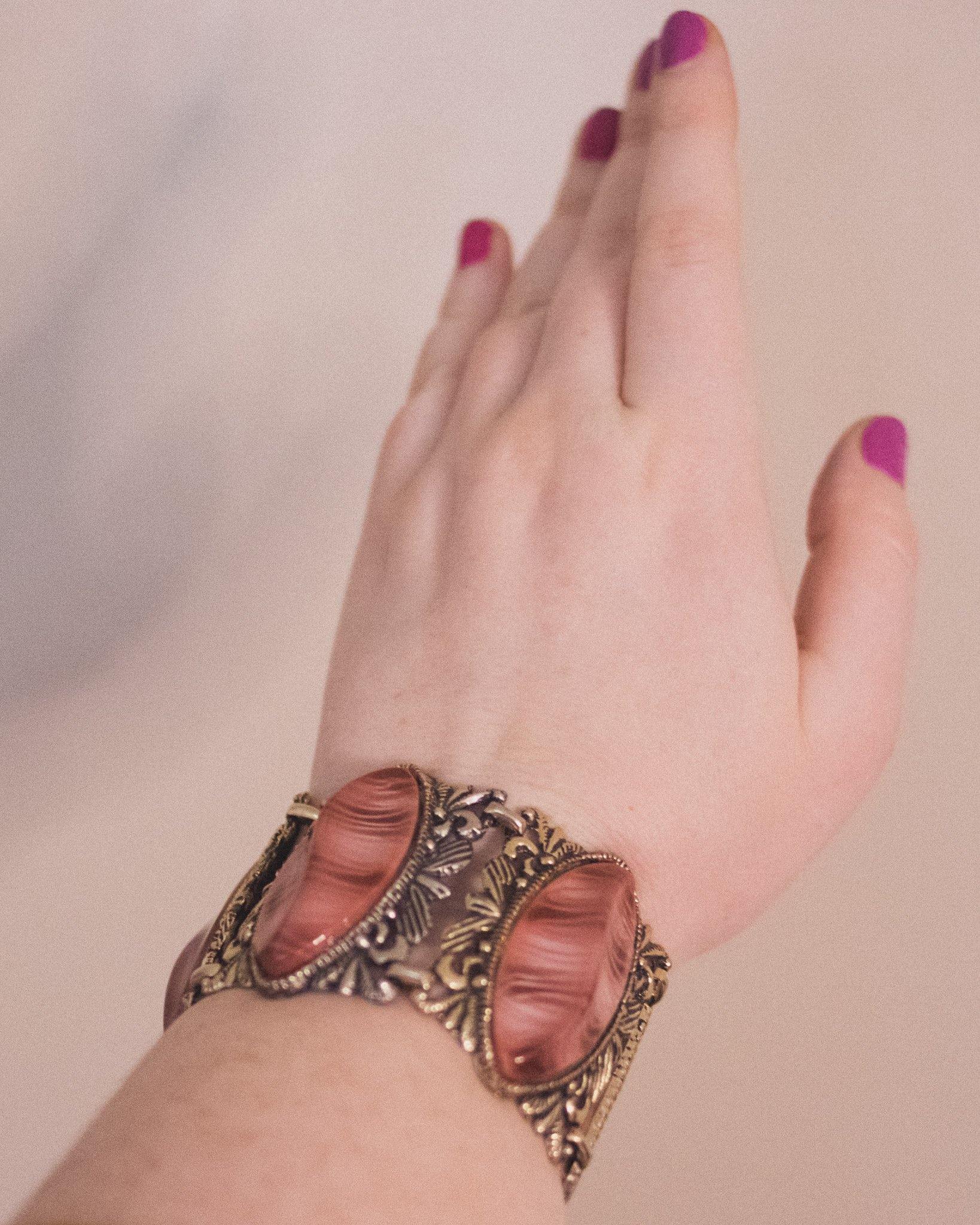 Vintage Gothic Revival Wide Panel Bracelet with Rose Lucite by Unsigned Beauty - Vintage Meet Modern Vintage Jewelry - Chicago, Illinois - #oldhollywoodglamour #vintagemeetmodern #designervintage #jewelrybox #antiquejewelry #vintagejewelry