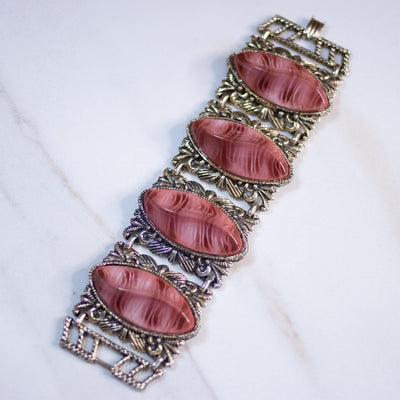 Vintage Gothic Revival Wide Panel Bracelet with Rose Lucite by Unsigned Beauty - Vintage Meet Modern Vintage Jewelry - Chicago, Illinois - #oldhollywoodglamour #vintagemeetmodern #designervintage #jewelrybox #antiquejewelry #vintagejewelry