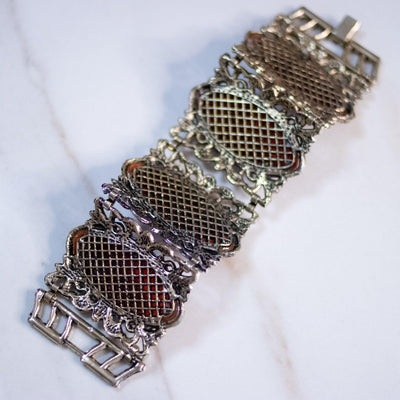 Vintage Gothic Revival Wide Panel Bracelet with Rose Lucite by Unsigned Beauty - Vintage Meet Modern Vintage Jewelry - Chicago, Illinois - #oldhollywoodglamour #vintagemeetmodern #designervintage #jewelrybox #antiquejewelry #vintagejewelry