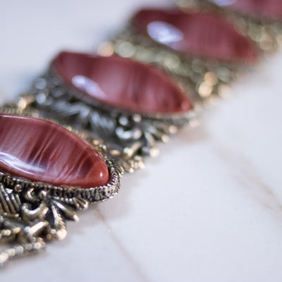 Vintage Gothic Revival Wide Panel Bracelet with Rose Lucite by Unsigned Beauty - Vintage Meet Modern Vintage Jewelry - Chicago, Illinois - #oldhollywoodglamour #vintagemeetmodern #designervintage #jewelrybox #antiquejewelry #vintagejewelry