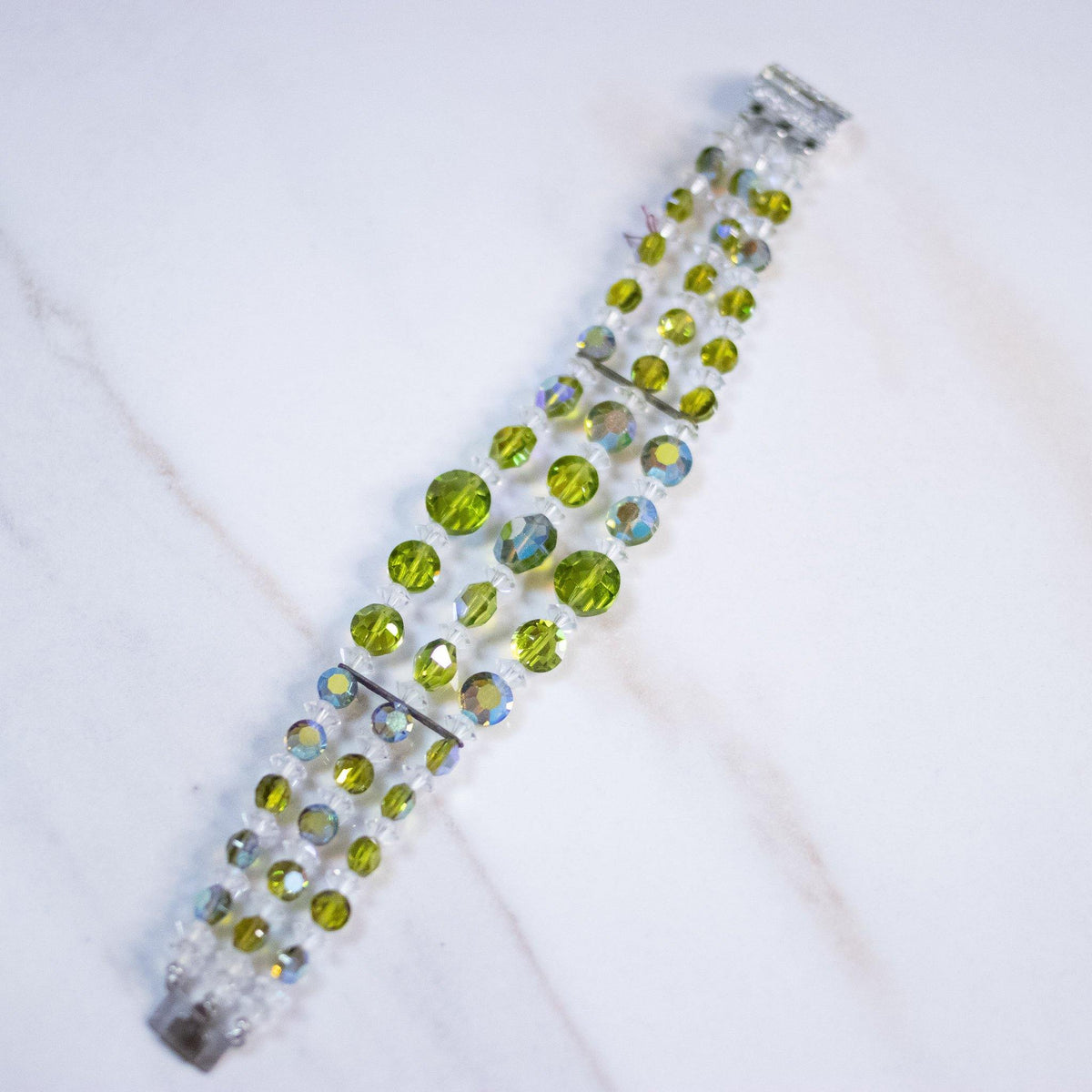 Vintage Light Green and Aurora Borealis Triple Strand Bracelet