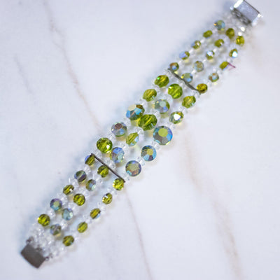 Vintage Light Green and Aurora Borealis Triple Strand Bracelet by Austria - Vintage Meet Modern Vintage Jewelry - Chicago, Illinois - #oldhollywoodglamour #vintagemeetmodern #designervintage #jewelrybox #antiquejewelry #vintagejewelry