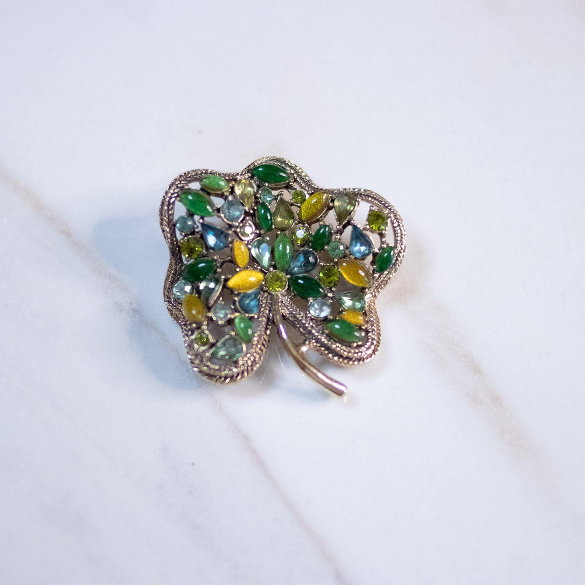 Vintage Monet Green Rhinestone Clover Brooch