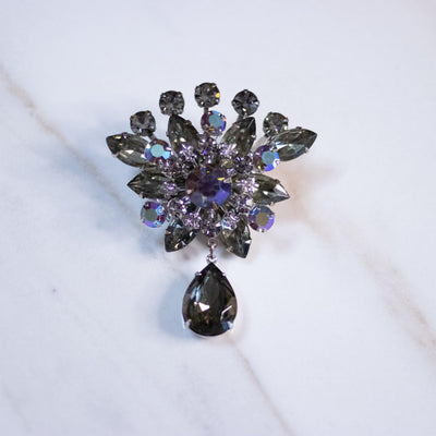 Vintage Smoke and Aurora Borealis Rhinestone Brooch with Dangling Charm by West Germany - Vintage Meet Modern Vintage Jewelry - Chicago, Illinois - #oldhollywoodglamour #vintagemeetmodern #designervintage #jewelrybox #antiquejewelry #vintagejewelry