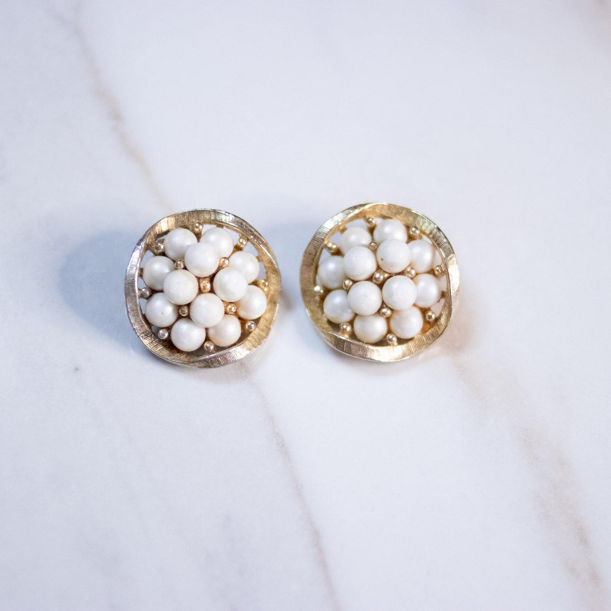 Vintage Matte Pearl Gold Button Earrings