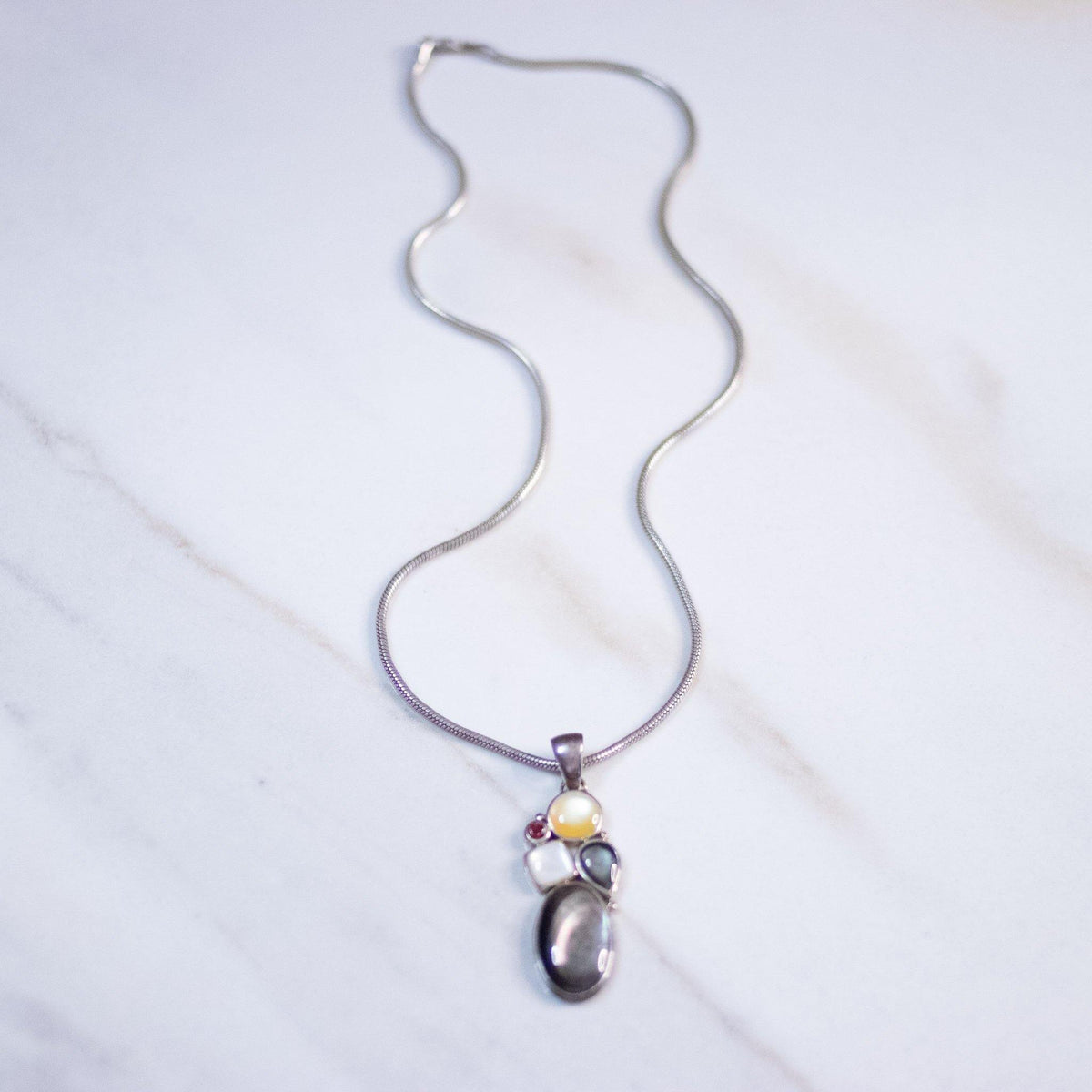Vintage Sterling Silver Mother Of Pearl Modernist Style Necklace