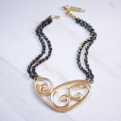 Rare Yves Saint Laurent Gold and Gunmetal Modernist Statement Necklace, Signed Number by Yves Saint Laurent - Vintage Meet Modern Vintage Jewelry - Chicago, Illinois - #oldhollywoodglamour #vintagemeetmodern #designervintage #jewelrybox #antiquejewelry #vintagejewelry