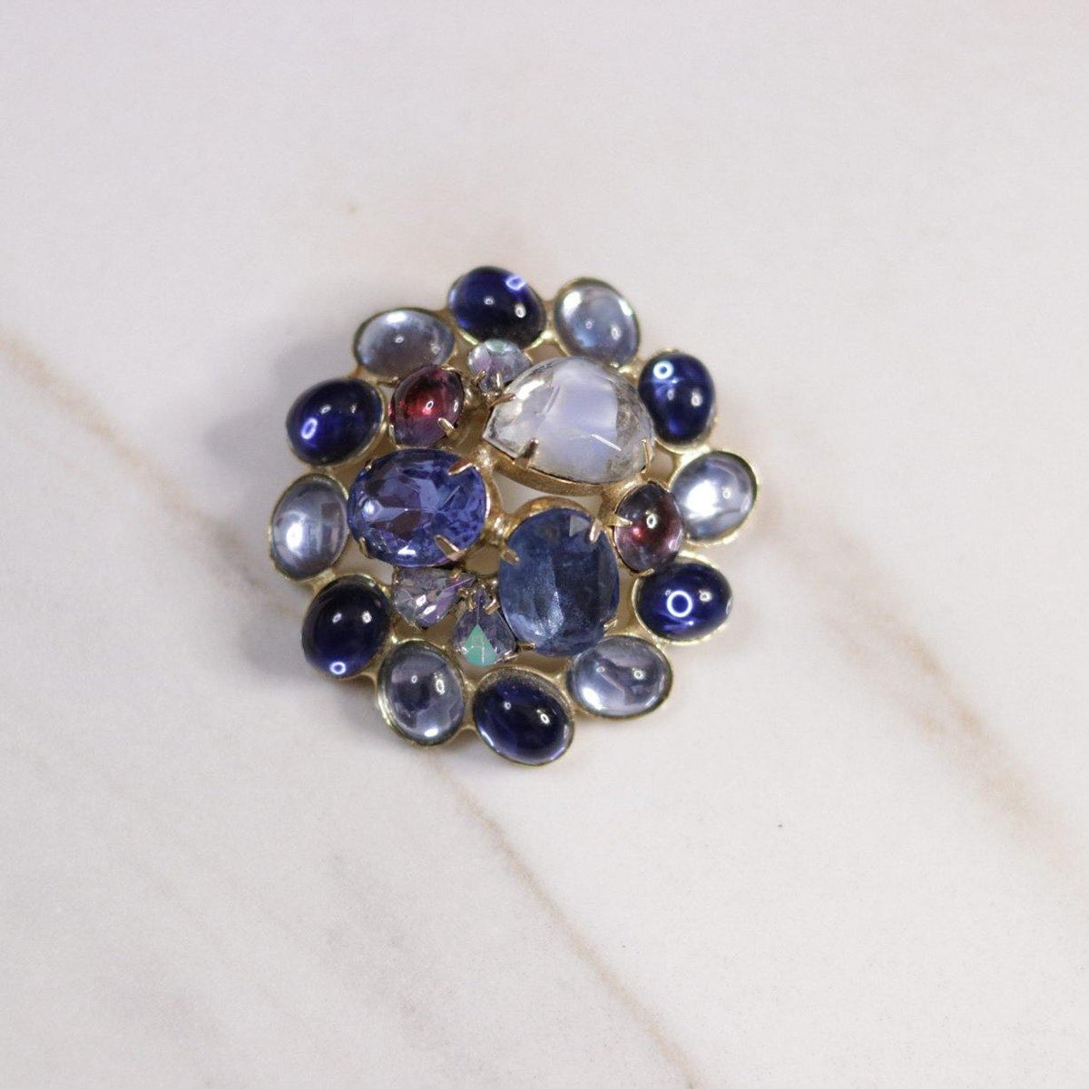 Vintage Shades of Blue Rhinestone Domed Brooch