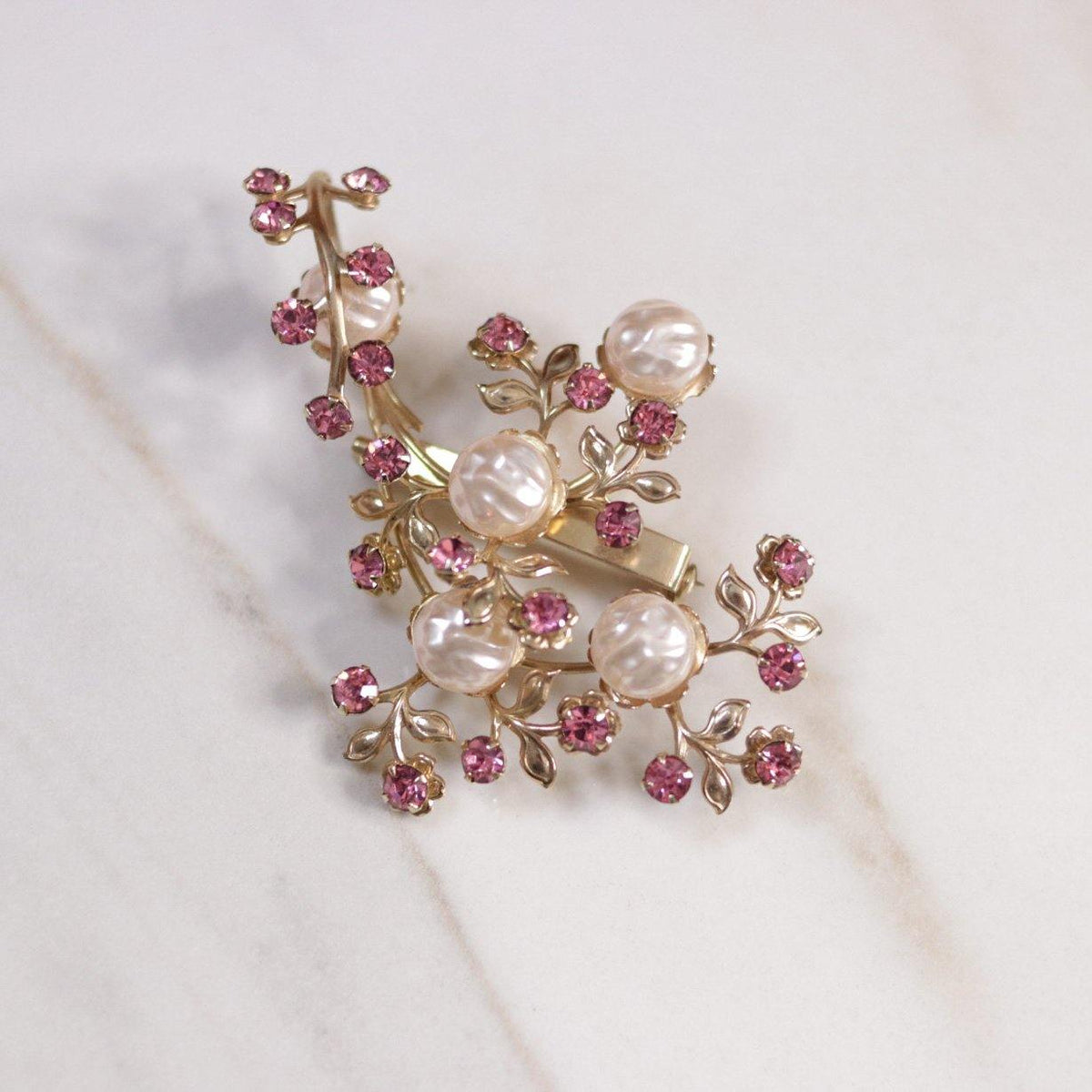 Vintage Pink Rhinestone and Pearl Spray Style Brooch