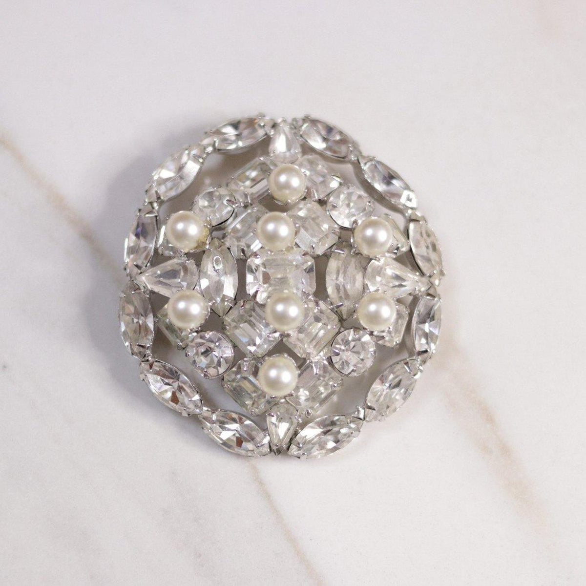 Vintage Diamante Medallion Brooch with Faux Pearls