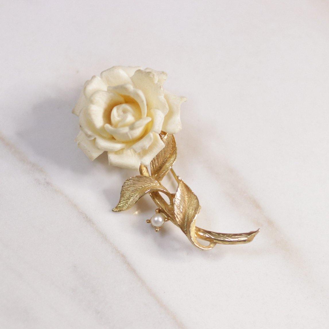 Vintage White Rose Brooch with Faux Pearl