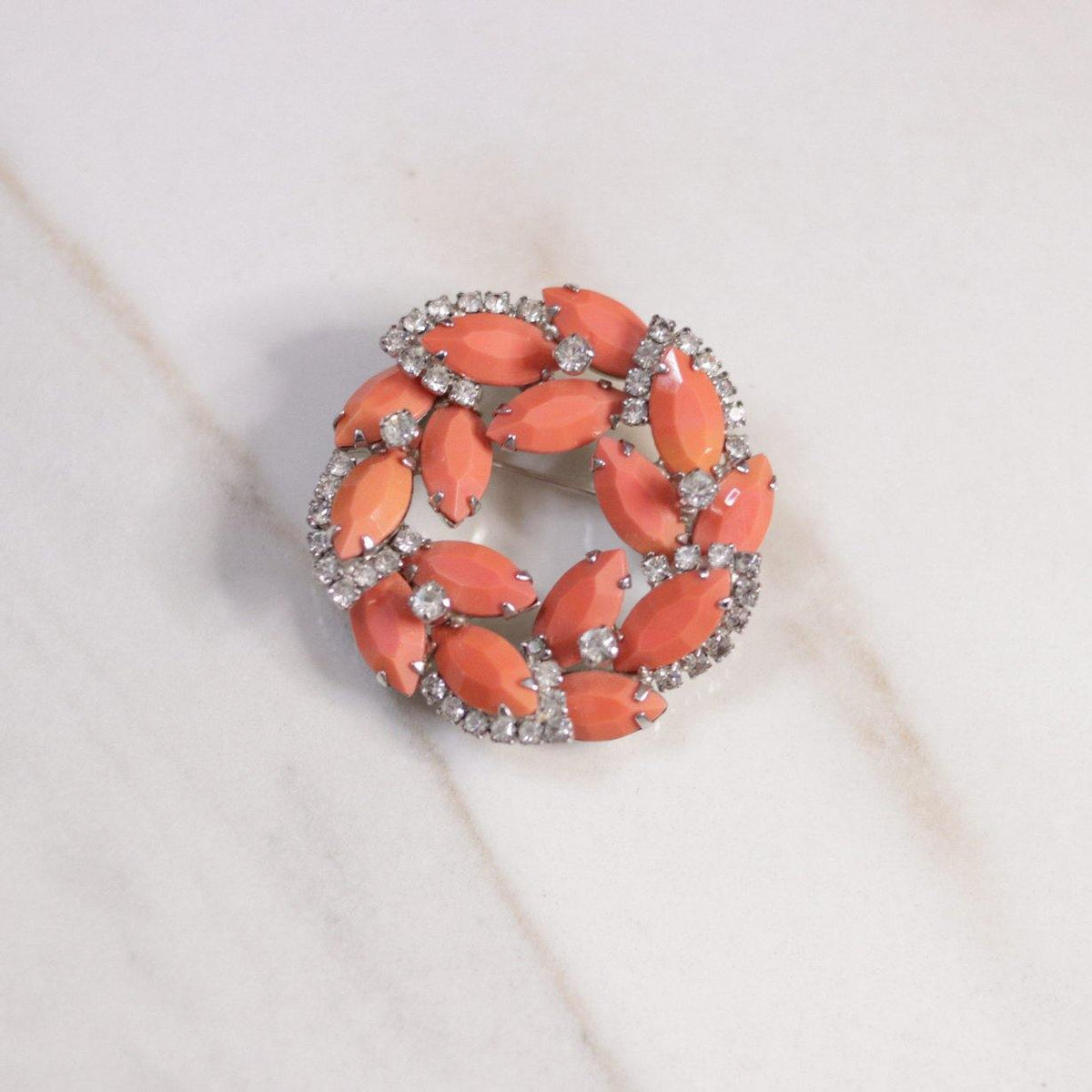 Vintage Weiss Coral and Diamante Rhinestone Brooch