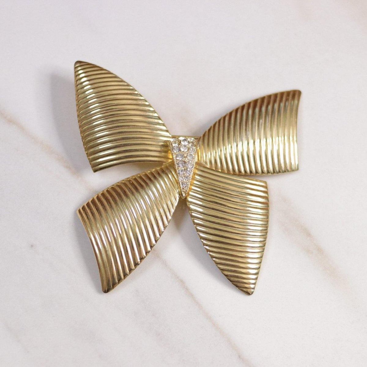 Vintage Large Gold Bow with Rhinestones Brooch