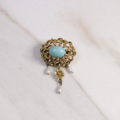 Vintage Renaissance Revival Brooch with Turquoise Cabochon and Faux Pearls by Unsigned Beauty - Vintage Meet Modern Vintage Jewelry - Chicago, Illinois - #oldhollywoodglamour #vintagemeetmodern #designervintage #jewelrybox #antiquejewelry #vintagejewelry