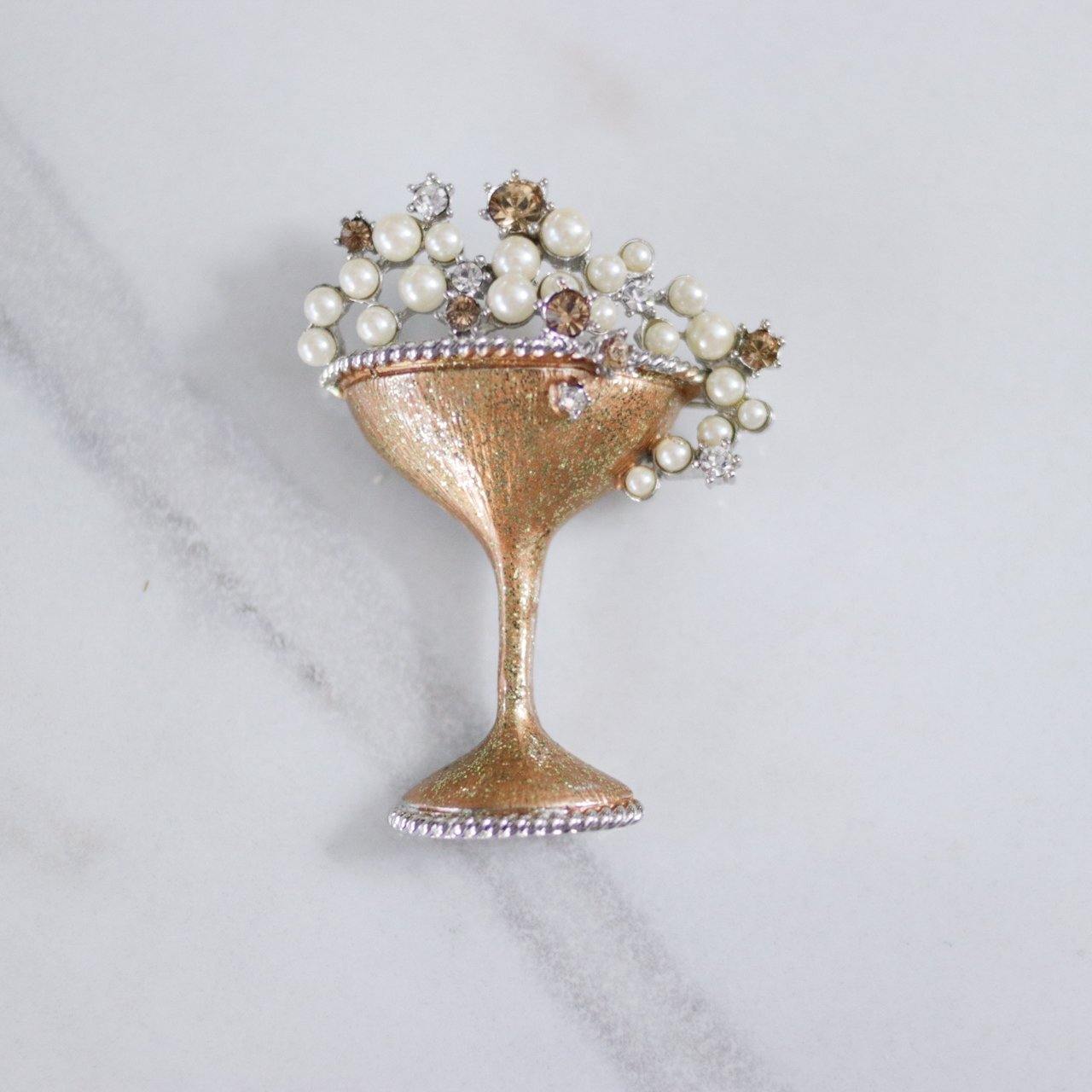 Vintage RJ Graziano Champagne Coupe with Rhinestones and Pearls Brooch by RJ Graziano - Vintage Meet Modern Vintage Jewelry - Chicago, Illinois - #oldhollywoodglamour #vintagemeetmodern #designervintage #jewelrybox #antiquejewelry #vintagejewelry