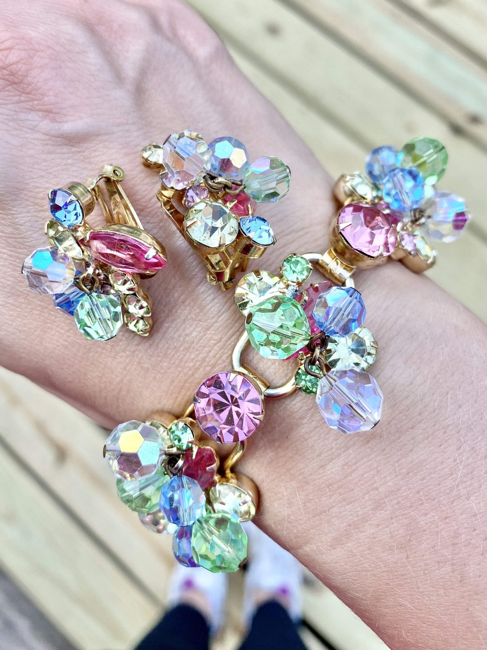 Vintage Juliana Pastel Rhinestone Cha Cha Bracelet by Juliana - Vintage Meet Modern Vintage Jewelry - Chicago, Illinois - #oldhollywoodglamour #vintagemeetmodern #designervintage #jewelrybox #antiquejewelry #vintagejewelry
