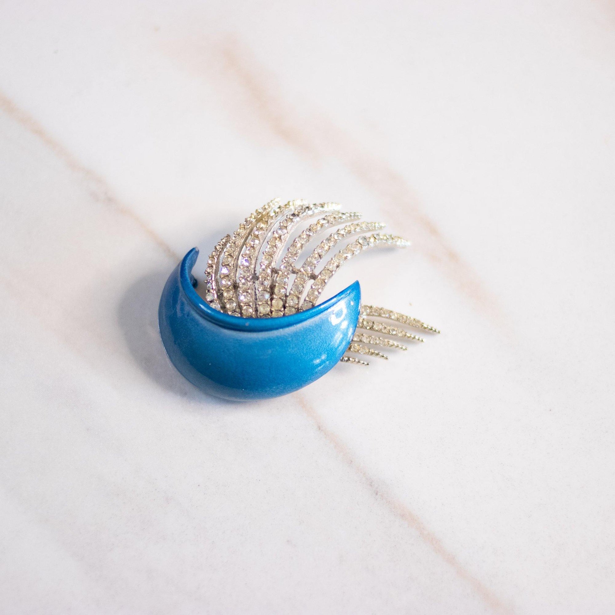 Vintage Blue Crescent Brooch with Rhinestone Crest by Unsigned Beauty - Vintage Meet Modern Vintage Jewelry - Chicago, Illinois - #oldhollywoodglamour #vintagemeetmodern #designervintage #jewelrybox #antiquejewelry #vintagejewelry