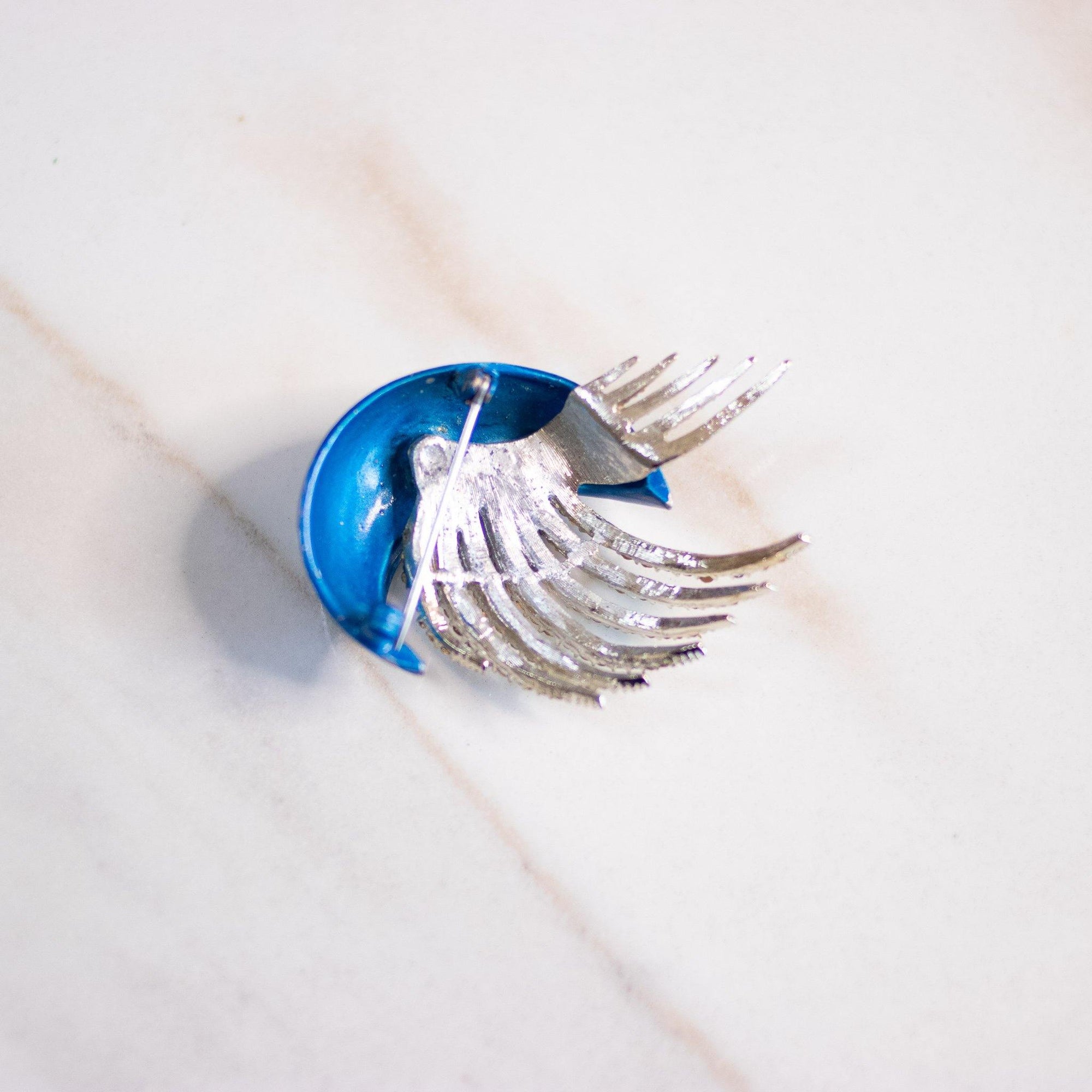 Vintage Blue Crescent Brooch with Rhinestone Crest by Unsigned Beauty - Vintage Meet Modern Vintage Jewelry - Chicago, Illinois - #oldhollywoodglamour #vintagemeetmodern #designervintage #jewelrybox #antiquejewelry #vintagejewelry