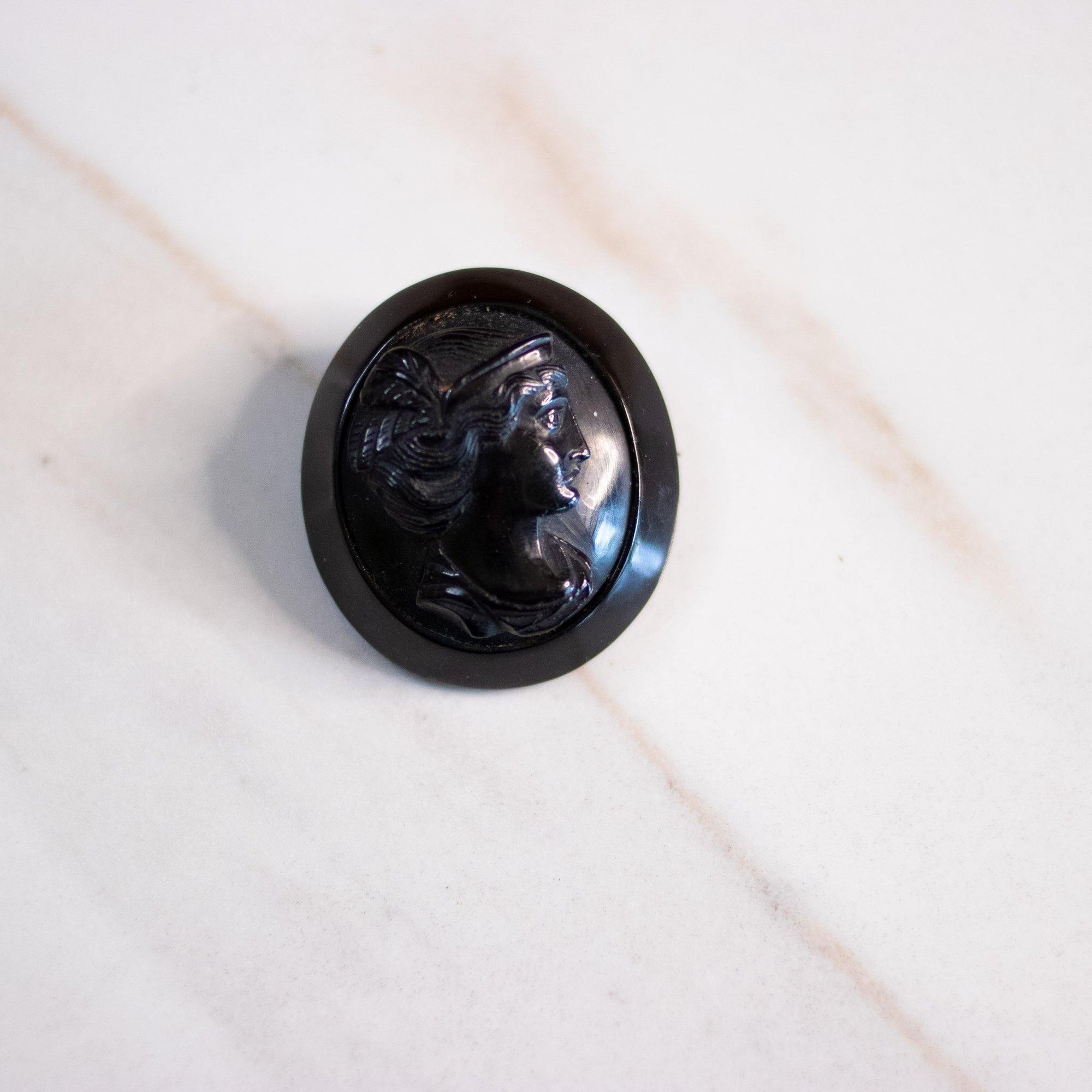 Vintage Black Bakelite Cameo Brooch by Unsigned Beauty - Vintage Meet Modern Vintage Jewelry - Chicago, Illinois - #oldhollywoodglamour #vintagemeetmodern #designervintage #jewelrybox #antiquejewelry #vintagejewelry