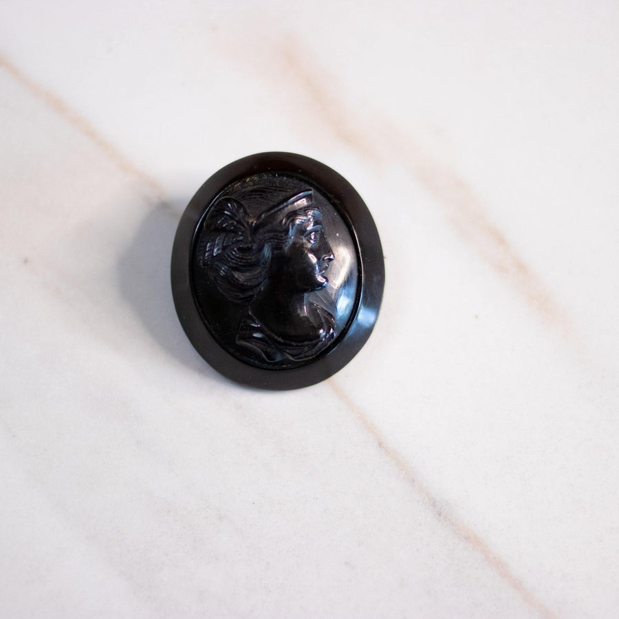 Vintage Black Bakelite Cameo Brooch by Unsigned Beauty - Vintage Meet Modern Vintage Jewelry - Chicago, Illinois - #oldhollywoodglamour #vintagemeetmodern #designervintage #jewelrybox #antiquejewelry #vintagejewelry