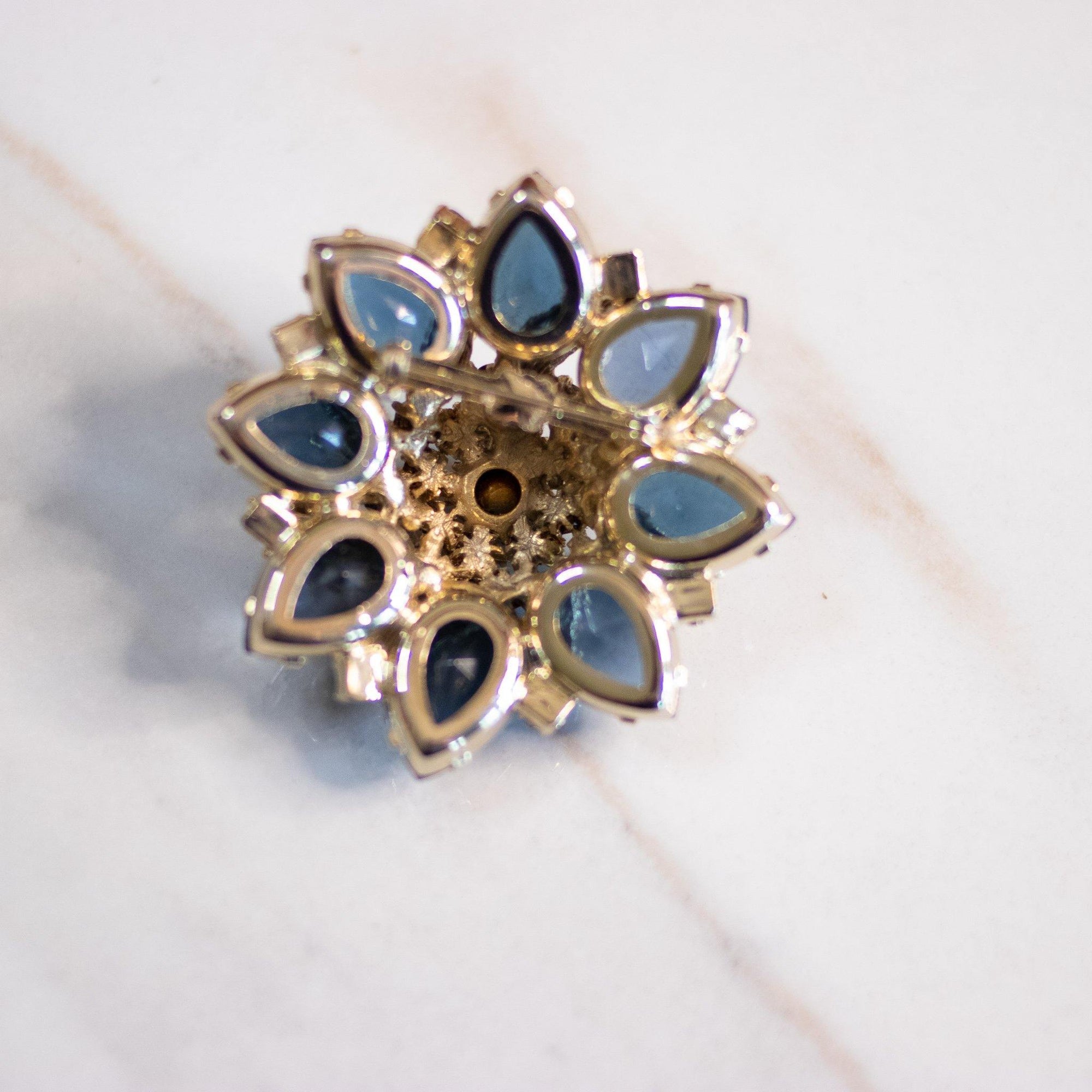 Vintage Blue Rhinestone Medallion Brooch with Gold Accents by Unsigned Beauty - Vintage Meet Modern Vintage Jewelry - Chicago, Illinois - #oldhollywoodglamour #vintagemeetmodern #designervintage #jewelrybox #antiquejewelry #vintagejewelry