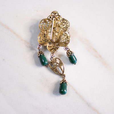Vintage Victorian Revival Jade Glass Brooch with Art Glass Dangles by Unsigned Beauty - Vintage Meet Modern Vintage Jewelry - Chicago, Illinois - #oldhollywoodglamour #vintagemeetmodern #designervintage #jewelrybox #antiquejewelry #vintagejewelry
