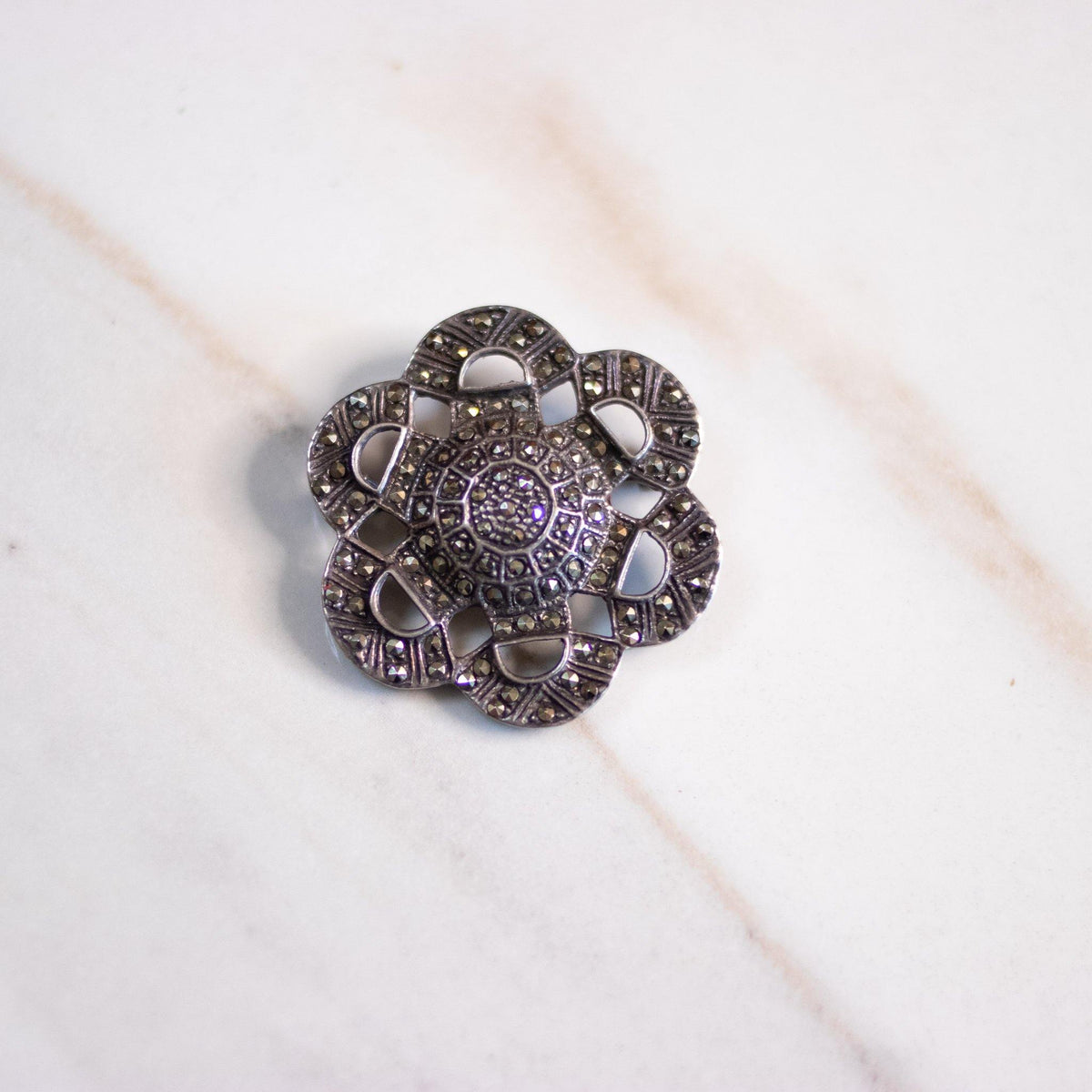Vintage Sterling Silver Marcasite Medallion Brooch