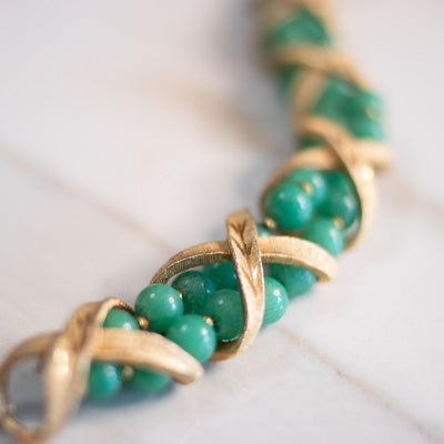 Vintage Mid Century Modern Gold X Bracelet with Green Beads by Unsigned Beauty - Vintage Meet Modern Vintage Jewelry - Chicago, Illinois - #oldhollywoodglamour #vintagemeetmodern #designervintage #jewelrybox #antiquejewelry #vintagejewelry