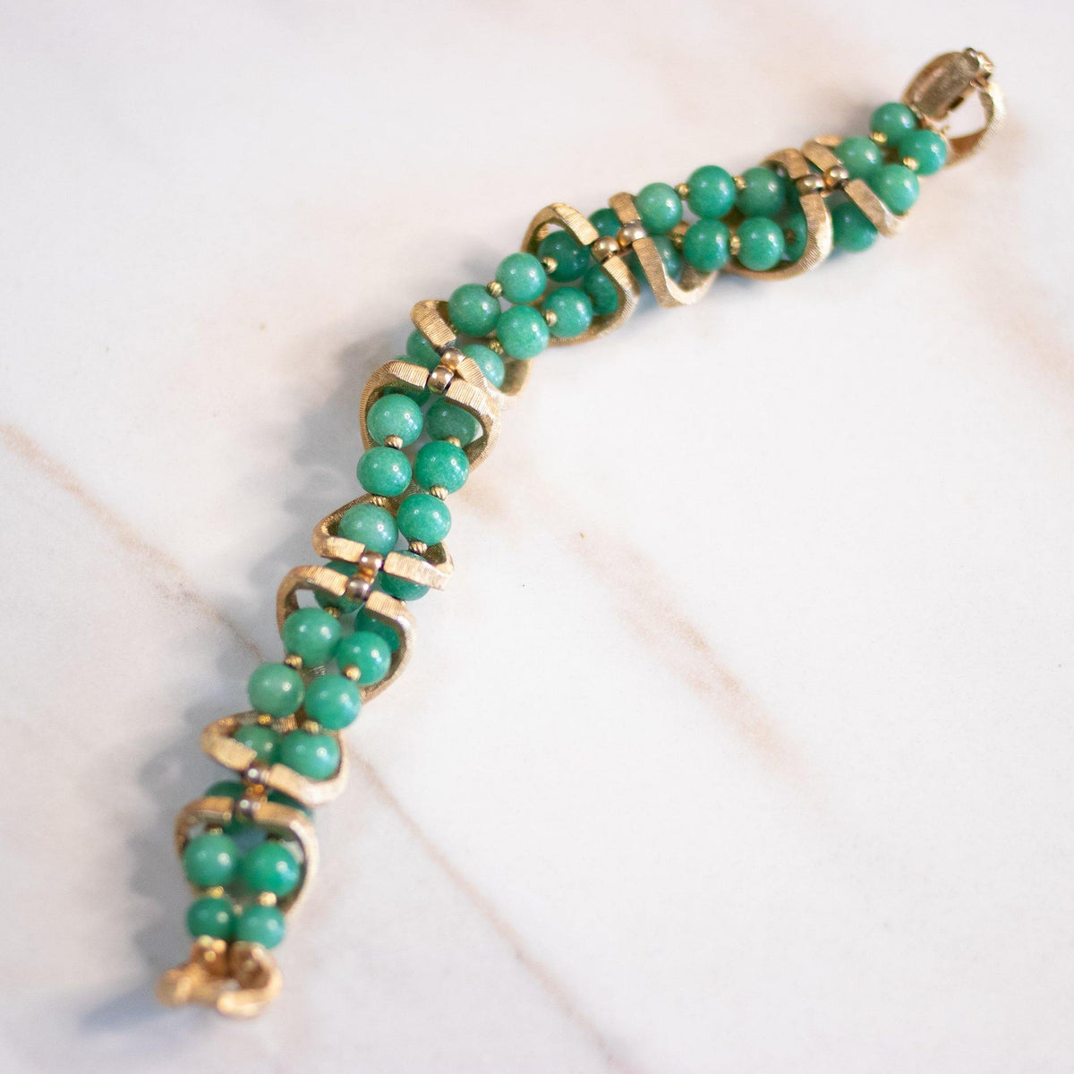 Vintage Mid Century Modern Gold X Bracelet with Green Beads