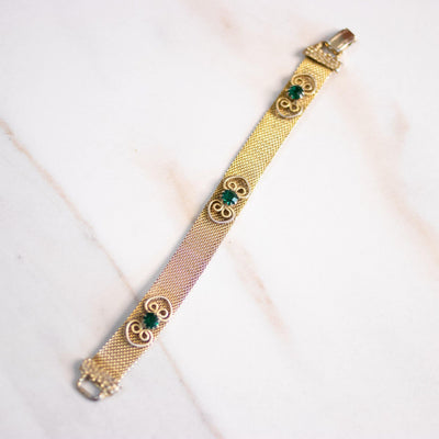 Vintage Gold Mesh Bracelet with Green Rhinestones by Unsigned Beauty - Vintage Meet Modern Vintage Jewelry - Chicago, Illinois - #oldhollywoodglamour #vintagemeetmodern #designervintage #jewelrybox #antiquejewelry #vintagejewelry