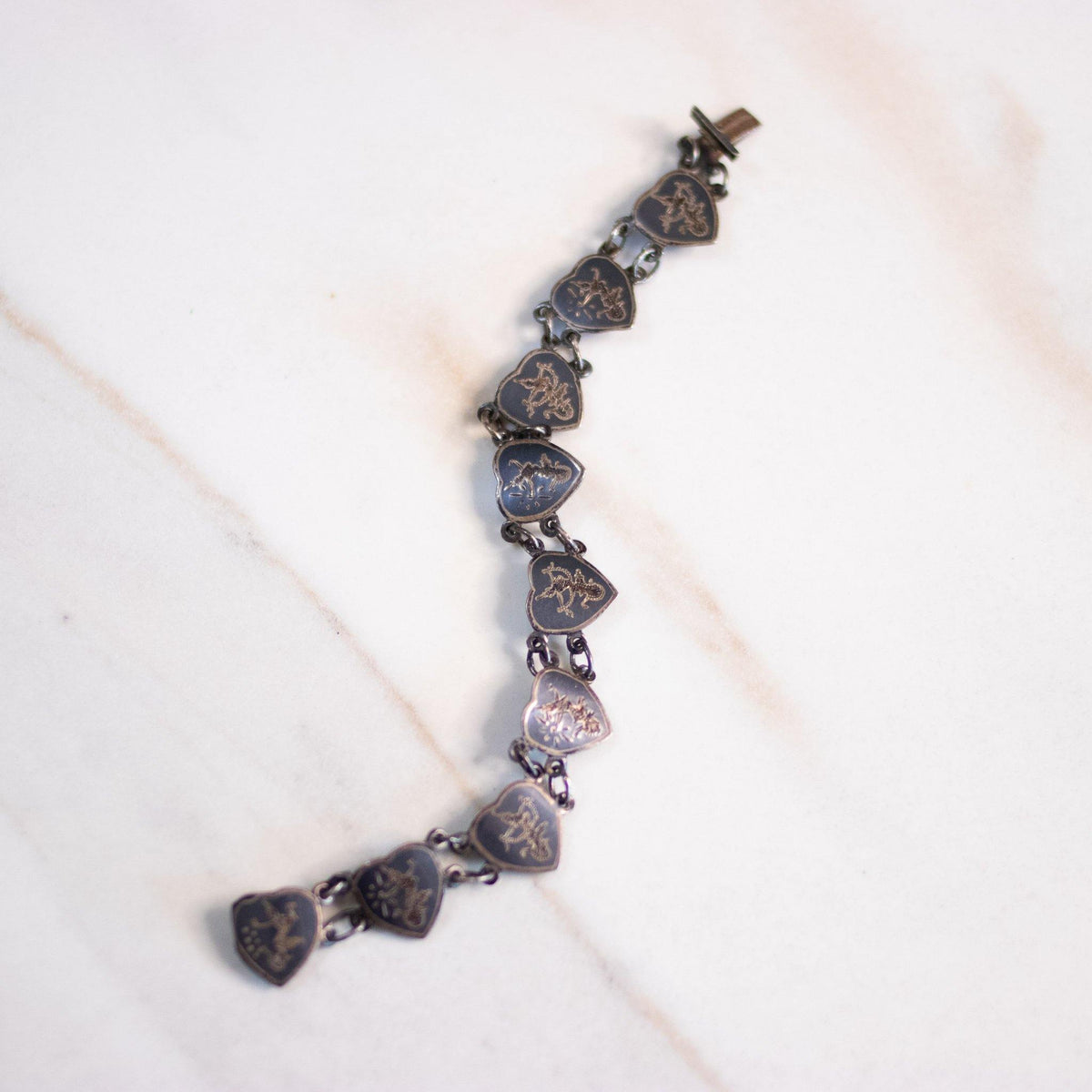 Vintage Siam Niello Silver Heart Link Bracelet with Thai Dancers